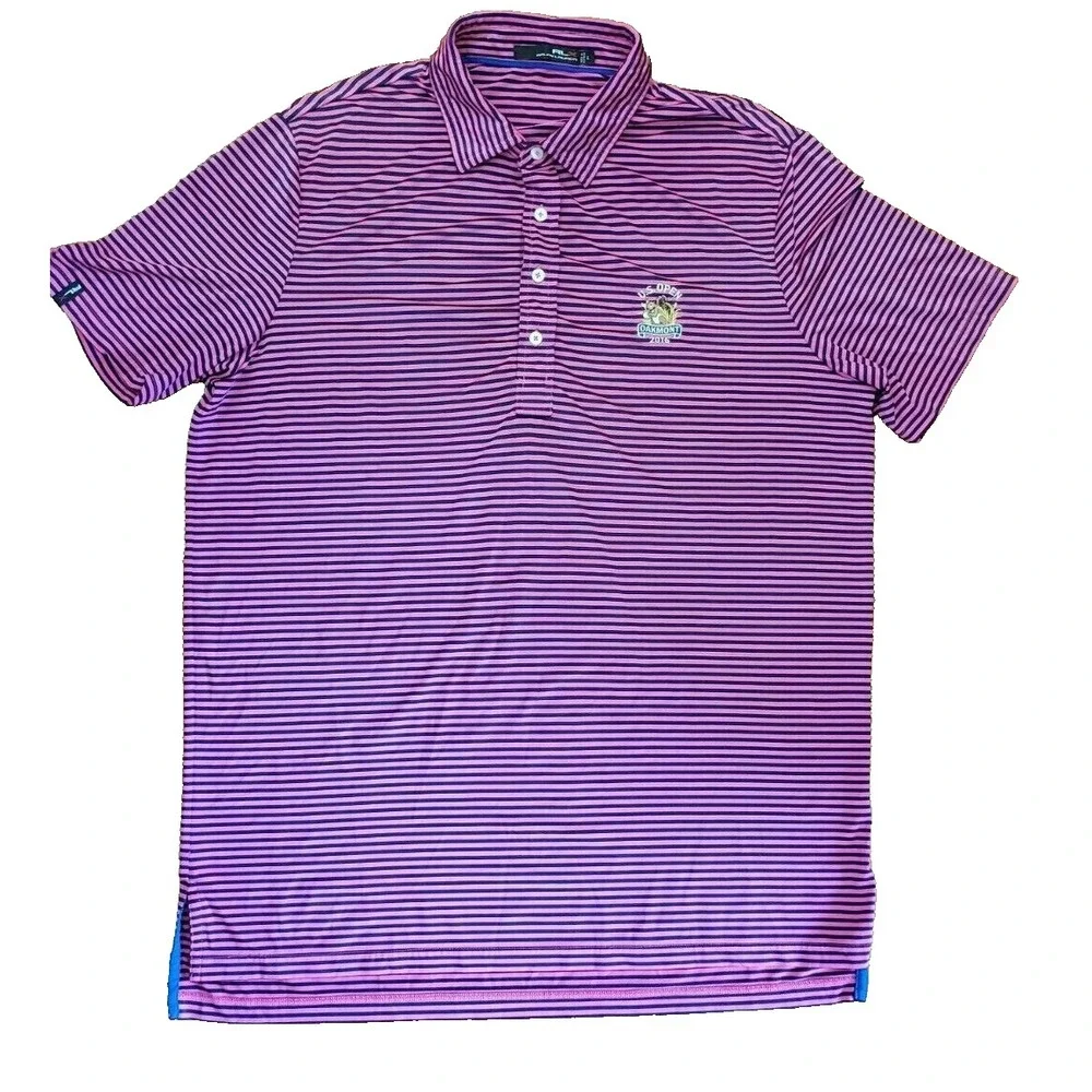RLX Ralph Lauren Polo Shirt Men's Large Purple Striped US Open Oakmont 2016 Golf
